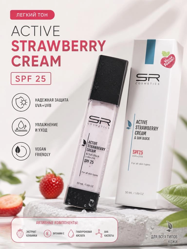 Увлажняющий солнцезащитный крем с экстрактом клубники - ACTIVE STRAWBERRY MOISTURIZER, 50ML, 50 мл